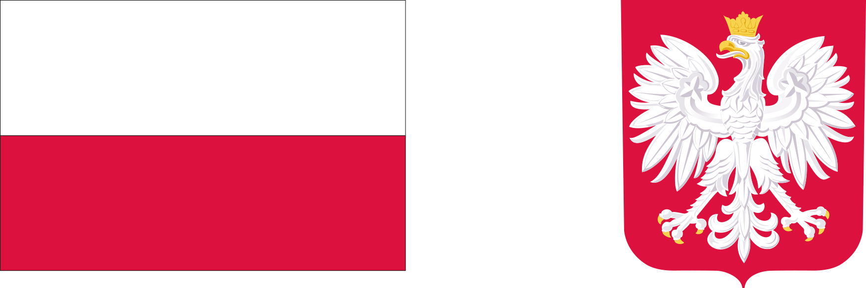 flaga PL, godło Rzeczypospolitej Polski czyli orzeł biały w złotej koronie na głowie, na czerwonym tle