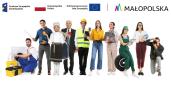 Grafika promująca projekt „WSPARCIE NA (RE)STARCIE”. Przedstawia grupę kobiet i mężczyzn reprezentujących różne zawody, m.in. mechanika, kucharkę, pracownika budowlanego, pracownicę biurową i fotografa. U góry znajdują się logotypy Funduszy Europejskich dla Małopolski, Rzeczypospolitej Polskiej, Unii Europejskiej oraz Województwa Małopolskiego